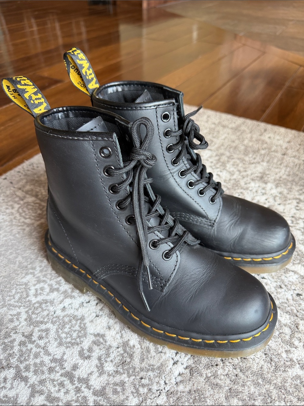 Dr. Martens Black Leather Lace-Up Boots with Yellow Stitching